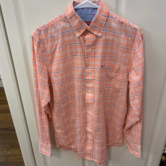 IZOD Men’s Long Sleeved Orange Plaid Button Up Short Size S - Picture 1 of 4